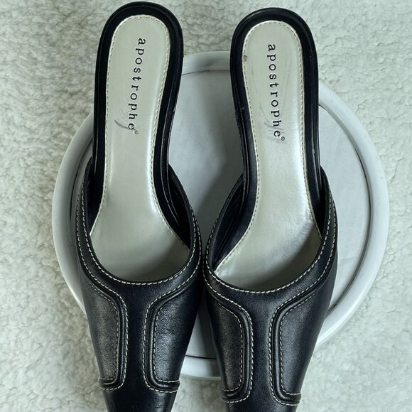 Apostrophe Mules Womens Size 7.5 Black Slide On Mules 2 Inch Block Heel Leather - Picture 6 of 10